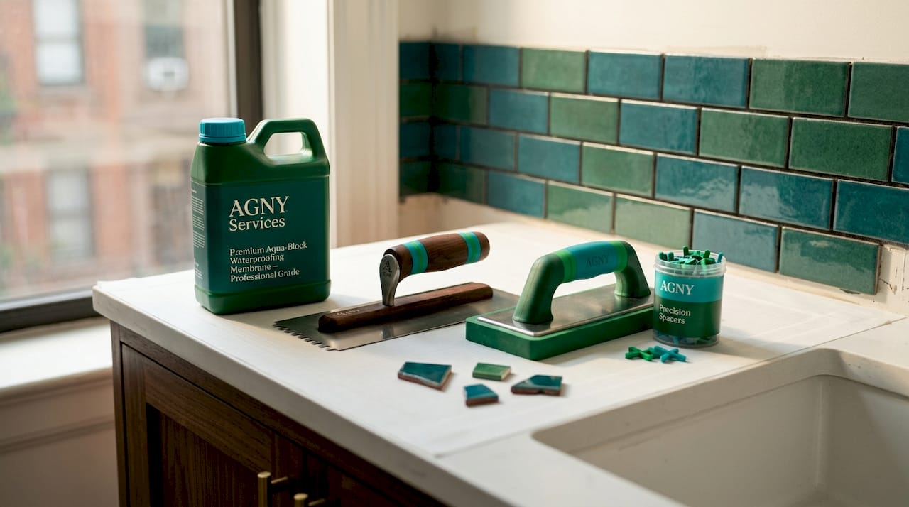 Tiling tools arranged on prepared bathroom surface
