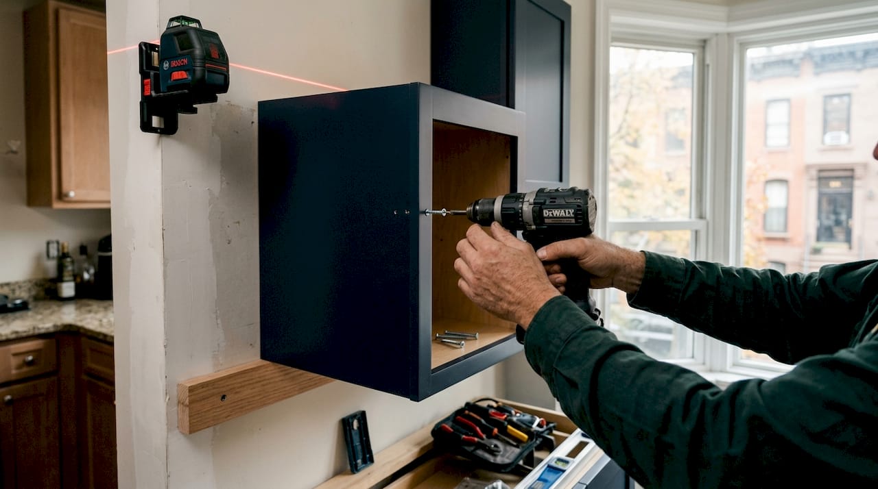 Installer fastening new base kitchen cabinet