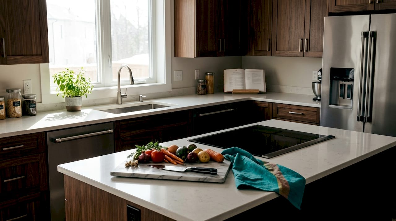 Kitchen island with cooking prep zone items
