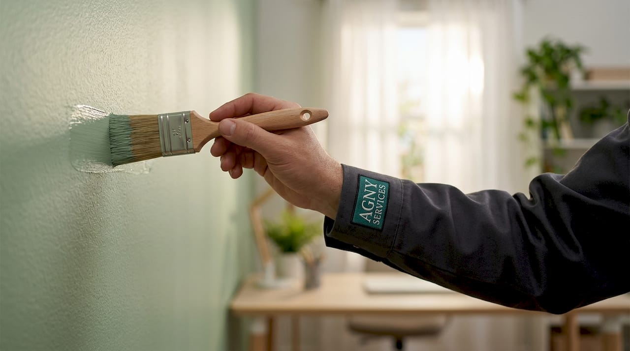 Painter applying sage green paint inside bedroom