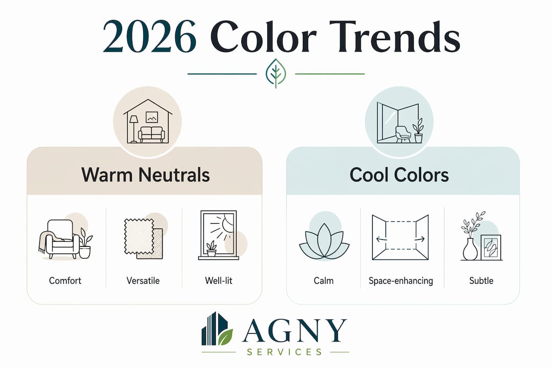 Infographic illustrating 2026 warm and cool color trends in renovations