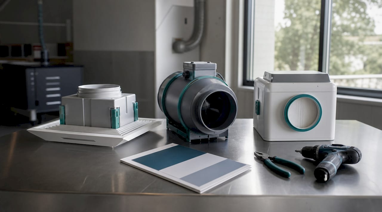 Various types of bathroom ventilation fans on workbench