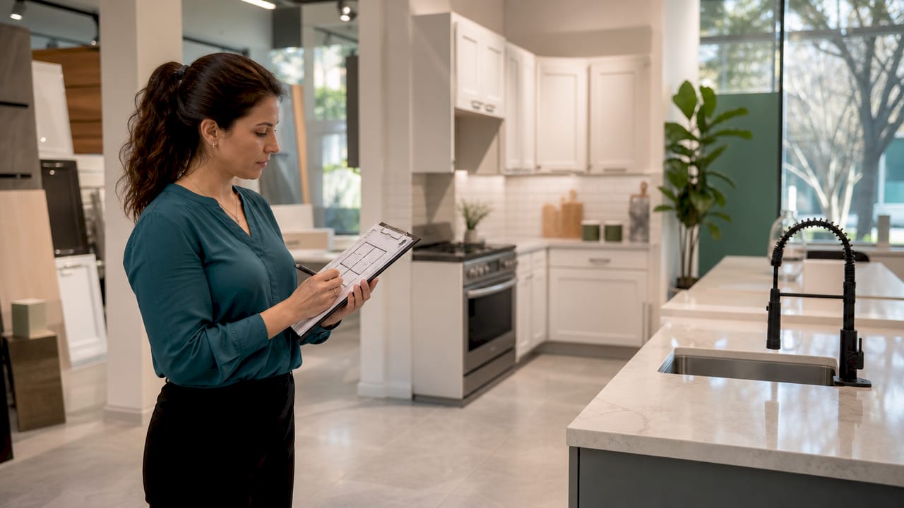 Designer reviewing kitchen layout examples
