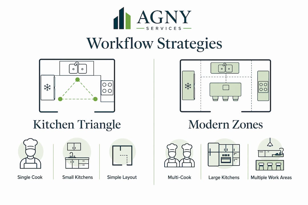 Infographic comparing kitchen triangle and zone planning