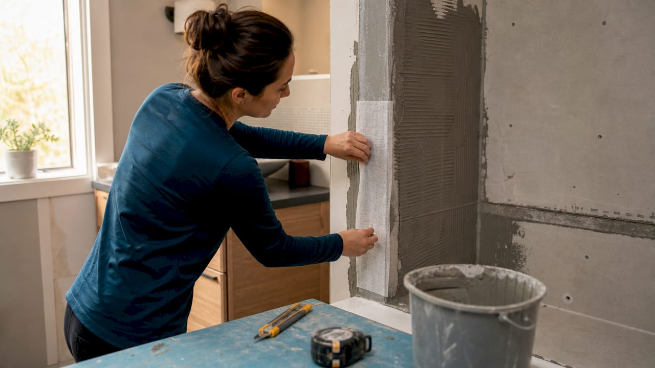 Hands placing waterproofing membrane in shower corner