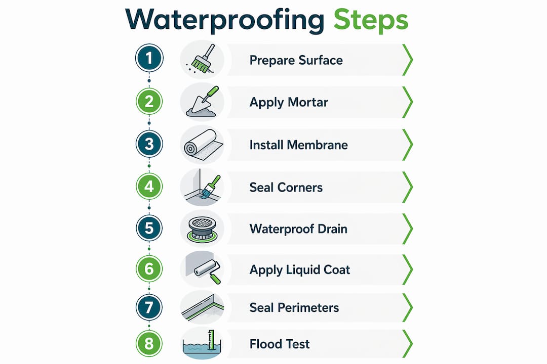 Infographic showing sequential steps for bathroom waterproofing