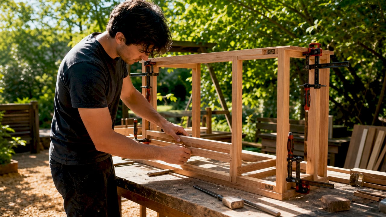 Hands assembling custom millwork cabinet frame