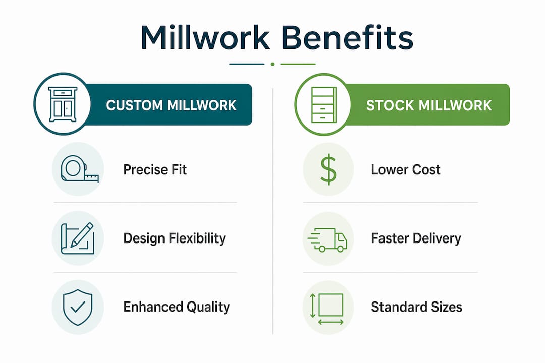 Infographic comparing custom and stock millwork benefits