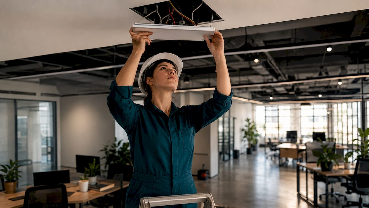 Electrician installing recessed LED office lighting
