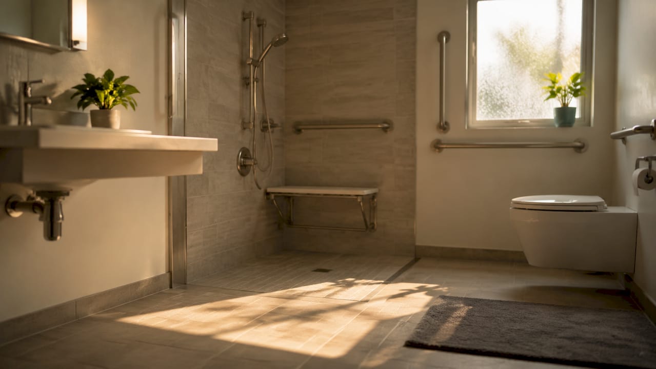 Accessible bathroom with safety features overhead view