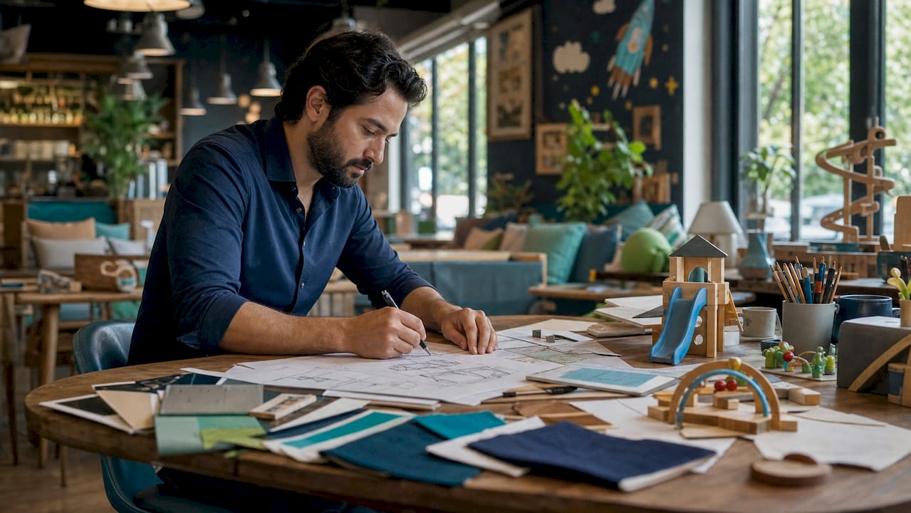 Interior designer sketching commercial playroom zones