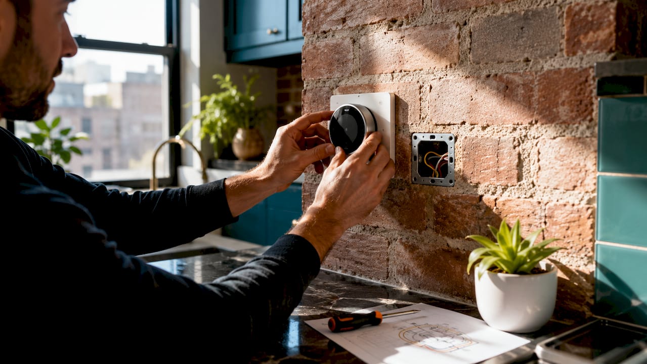Hands installing smart thermostat on wall