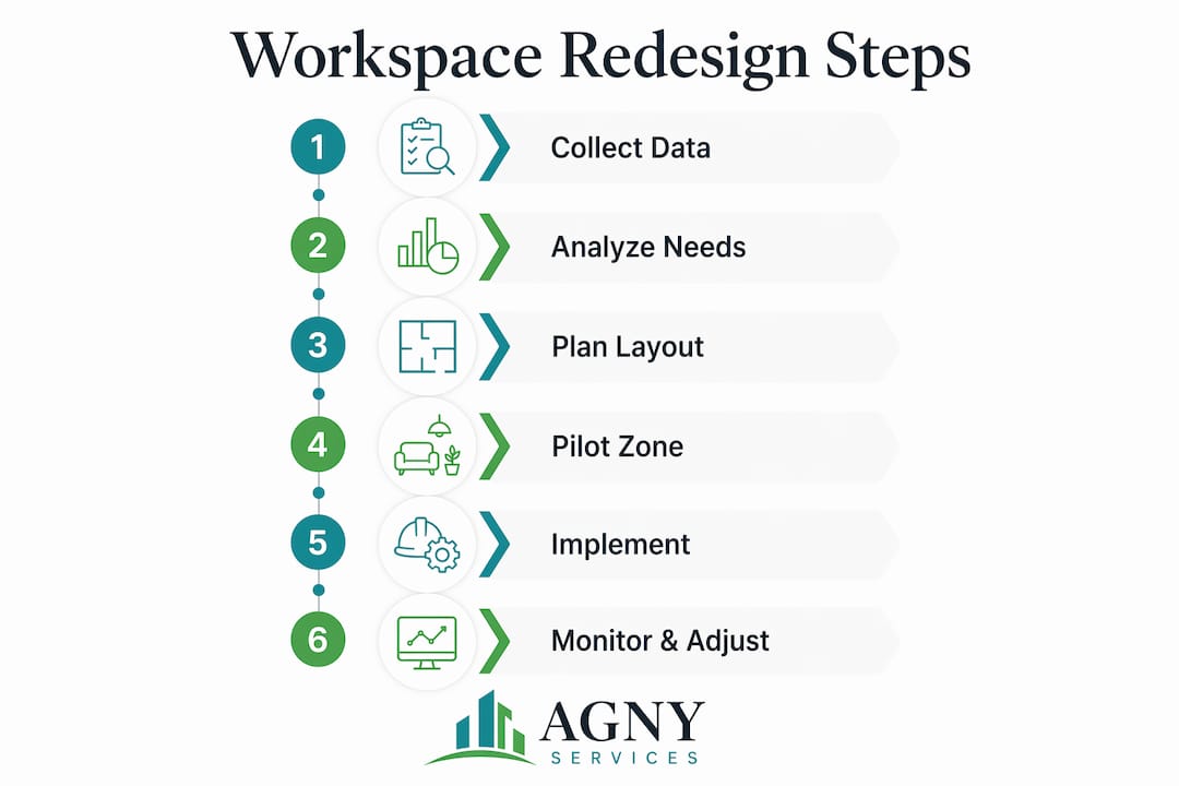 Infographic illustrating workspace redesign process steps