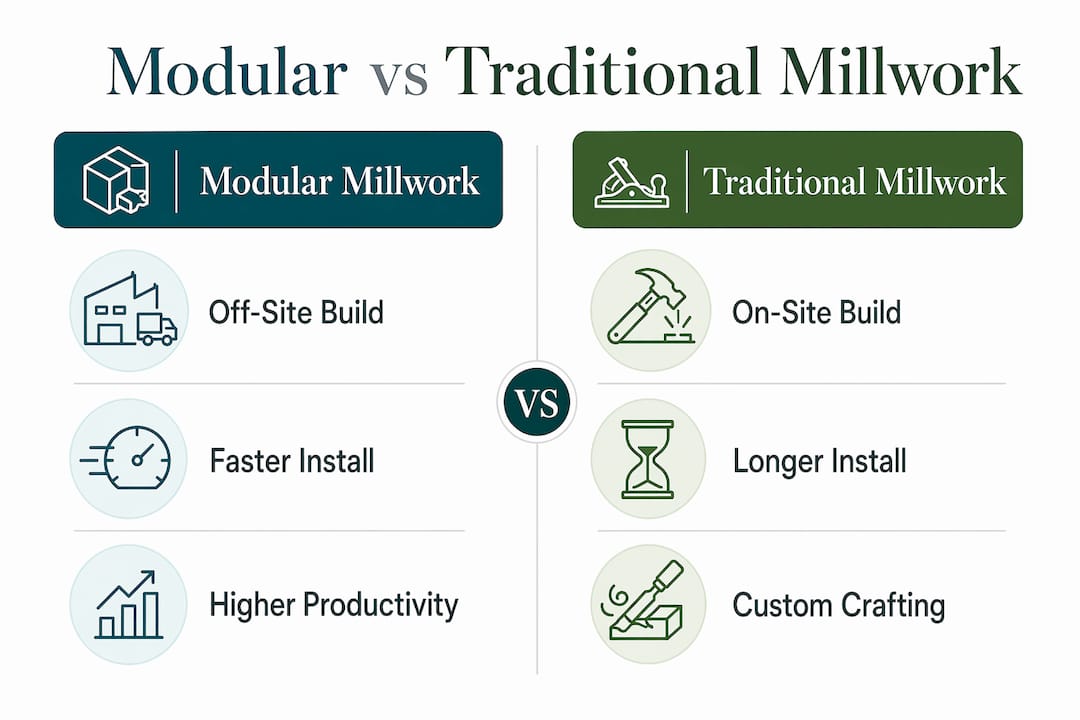 Infographic comparing modular and traditional millwork features