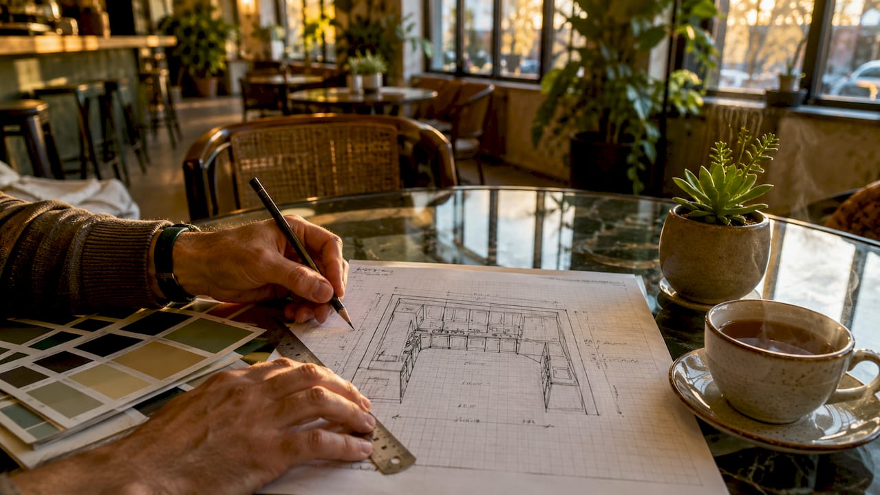 Hands sketching kitchen layout on graph paper