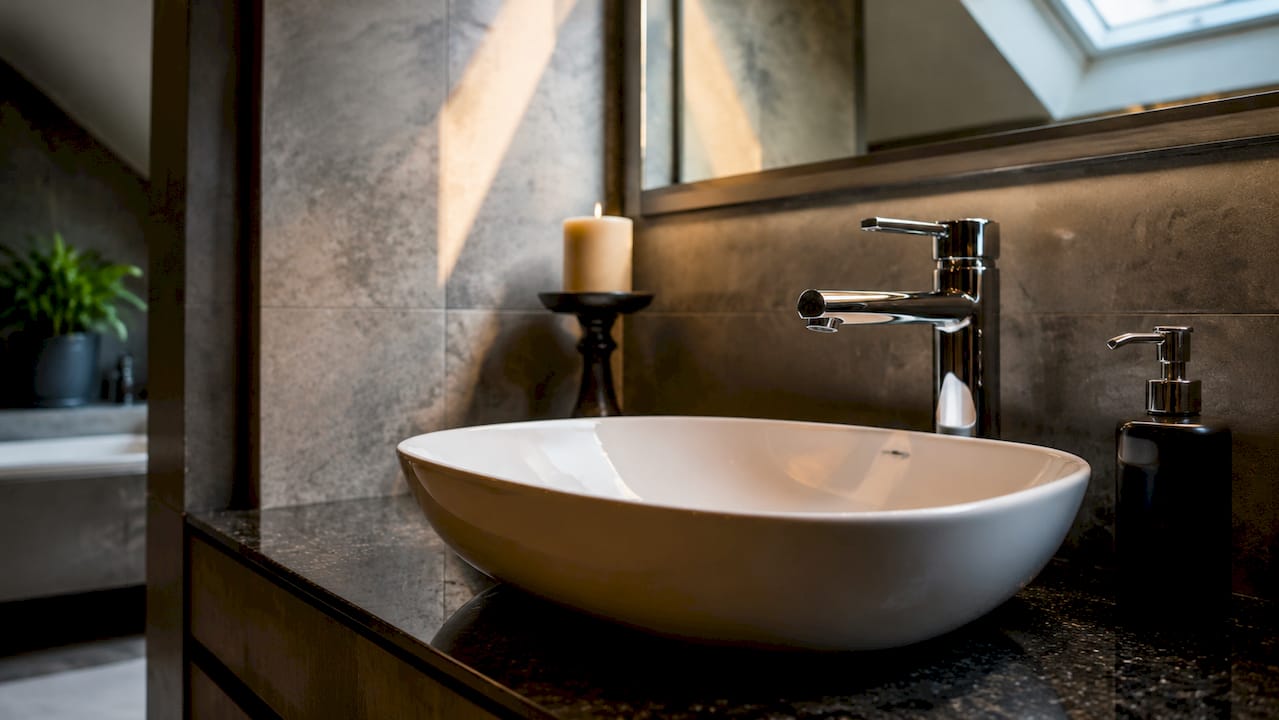 Minimalist vessel sink with modern faucet in bathroom