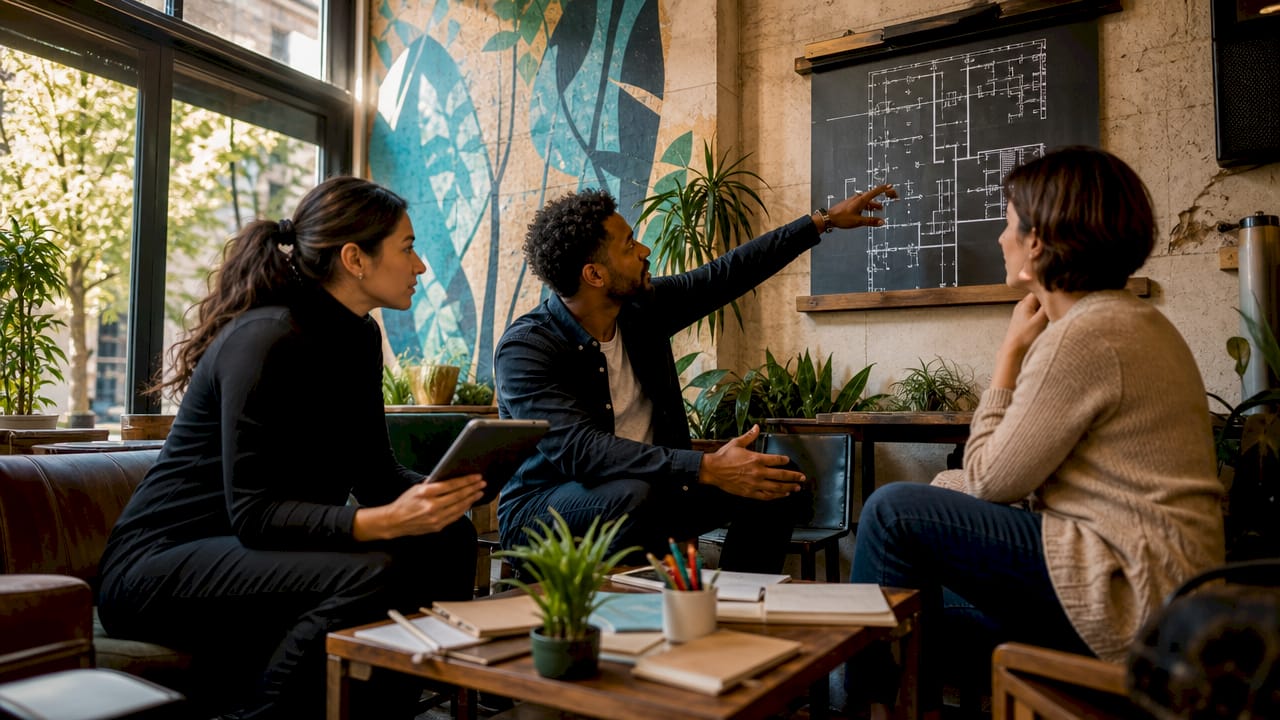 Business team discussing office space planning