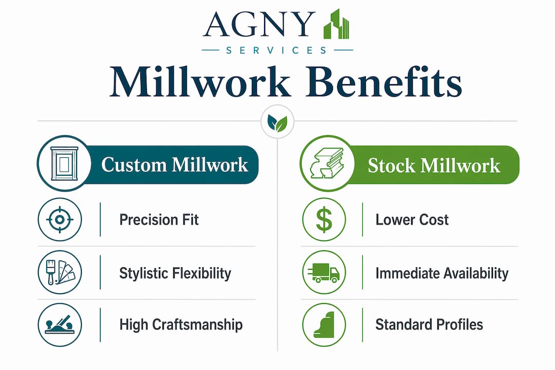 Infographic comparing custom and stock millwork benefits