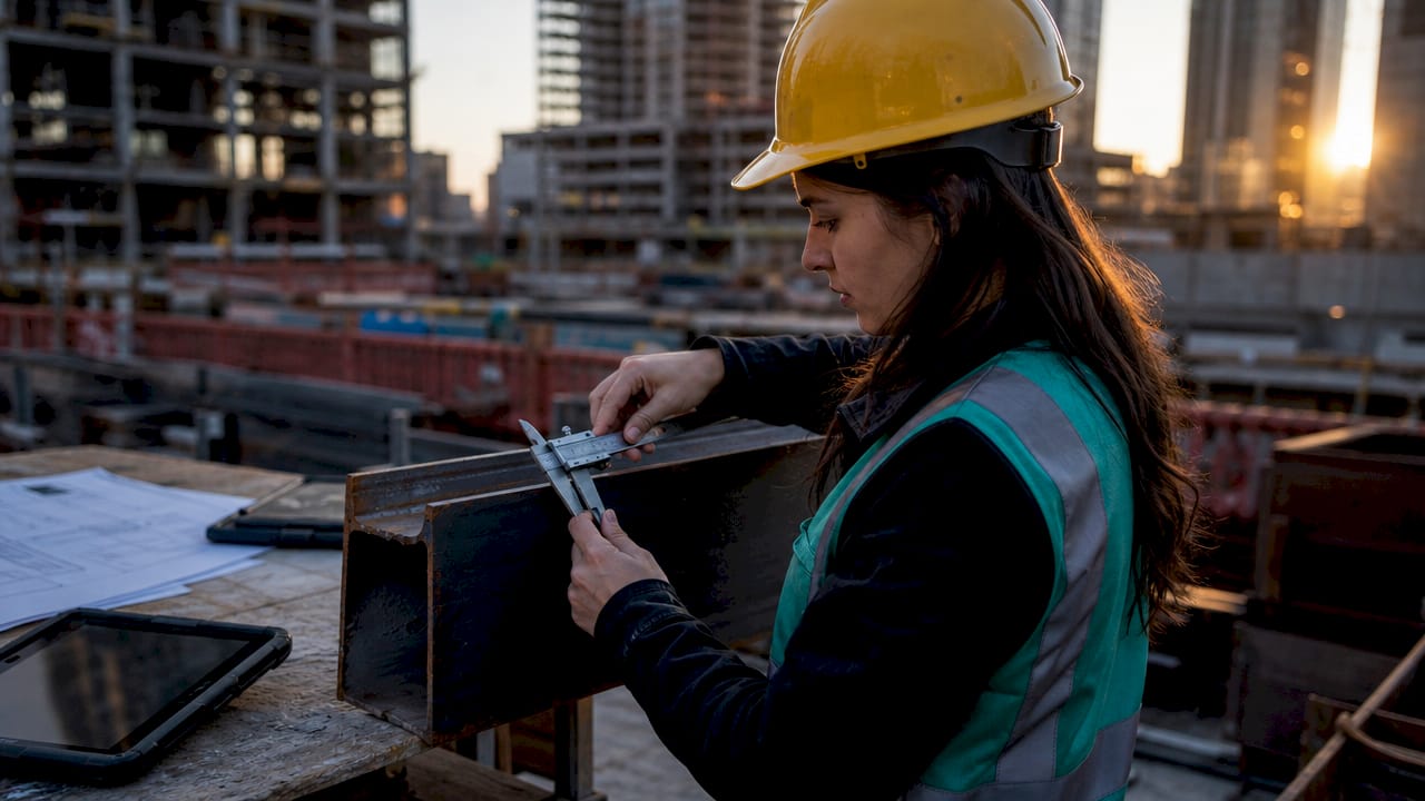 Engineer measuring steel beam thickness