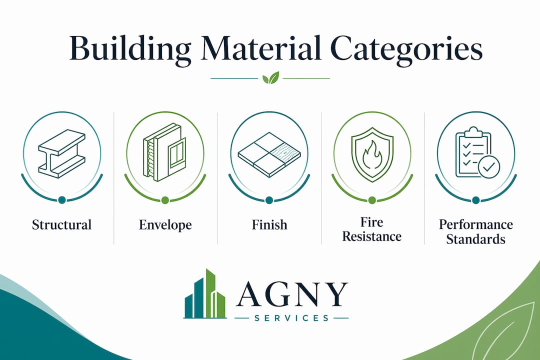 Infographic showing building material categories and standards