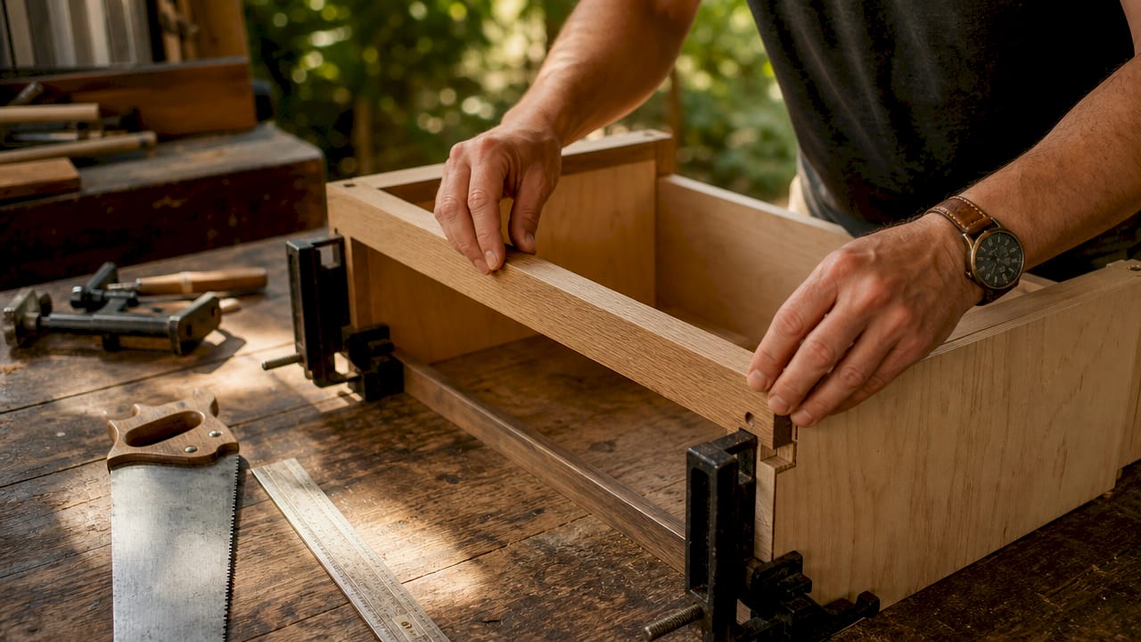 Hands assembling wooden cabinetry components