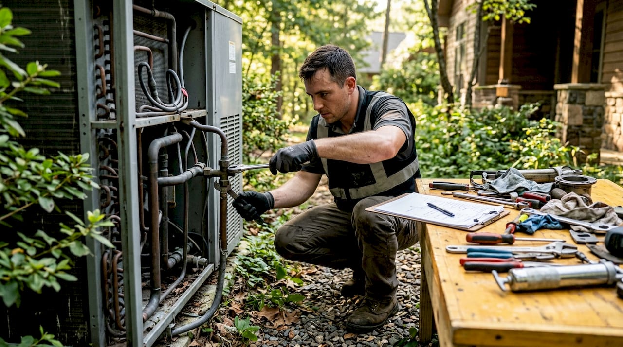 Maintenance technician performing HVAC repairs