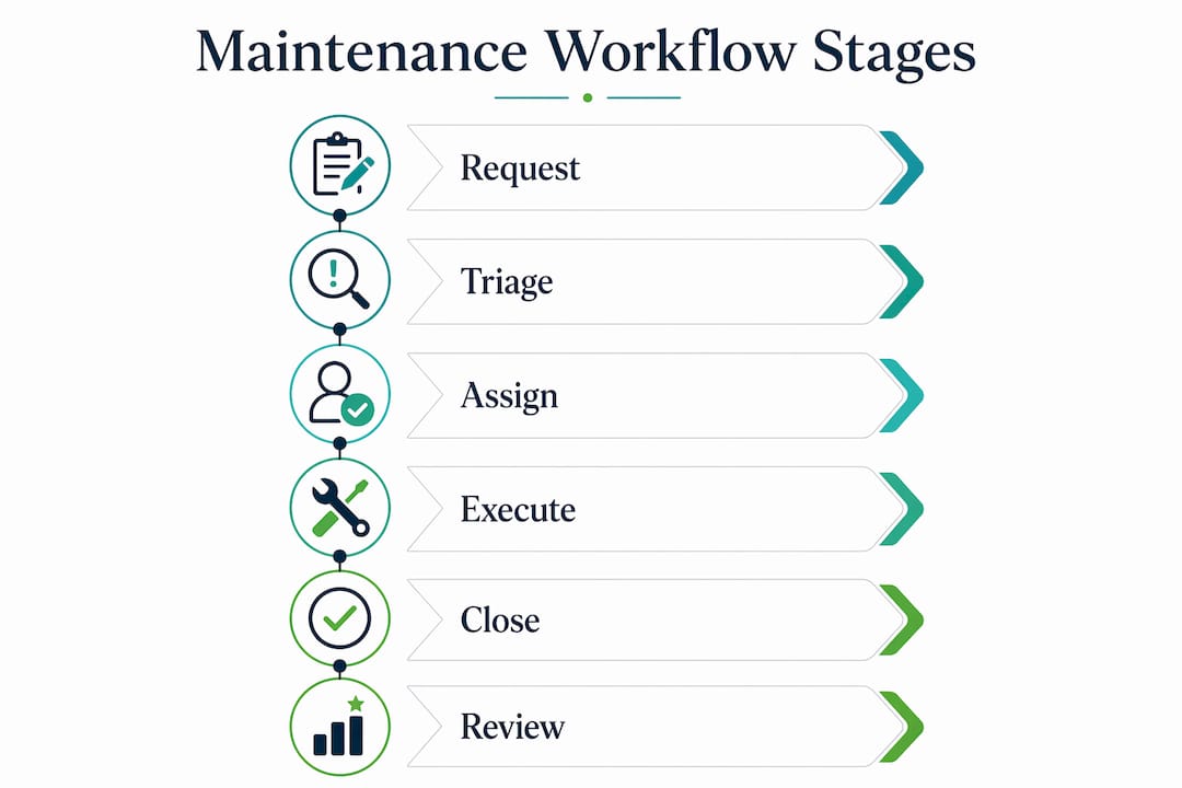 Infographic showing 6 stages of facility maintenance workflow
