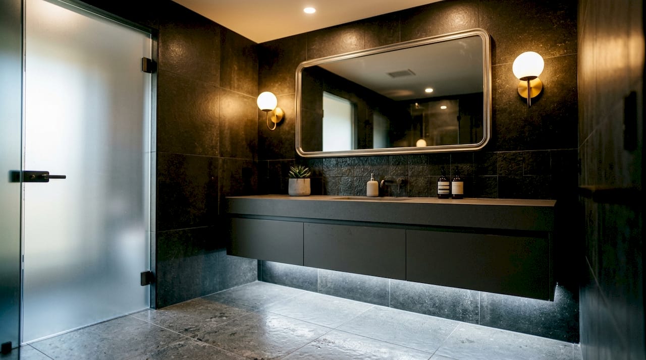 Layered lighting fixtures in modern bathroom