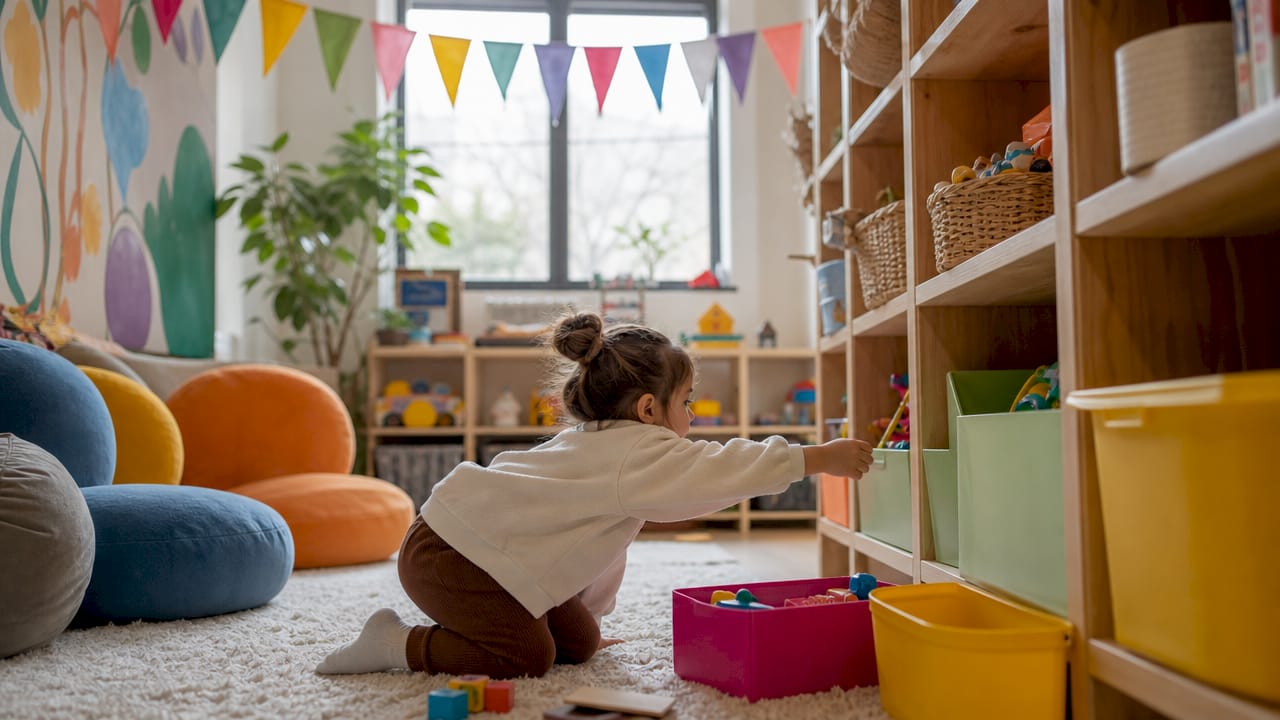 Child-accessible shelving and zoned playroom floor