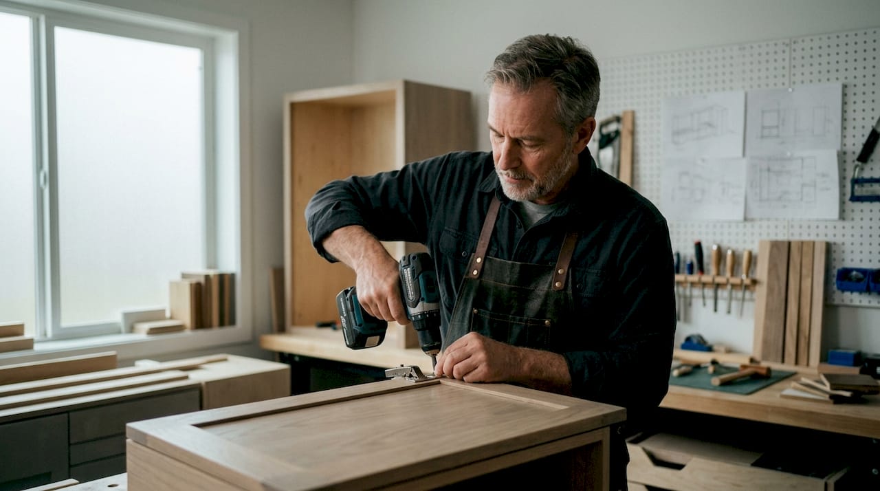 Carpenter installing soft-close cabinet hinges
