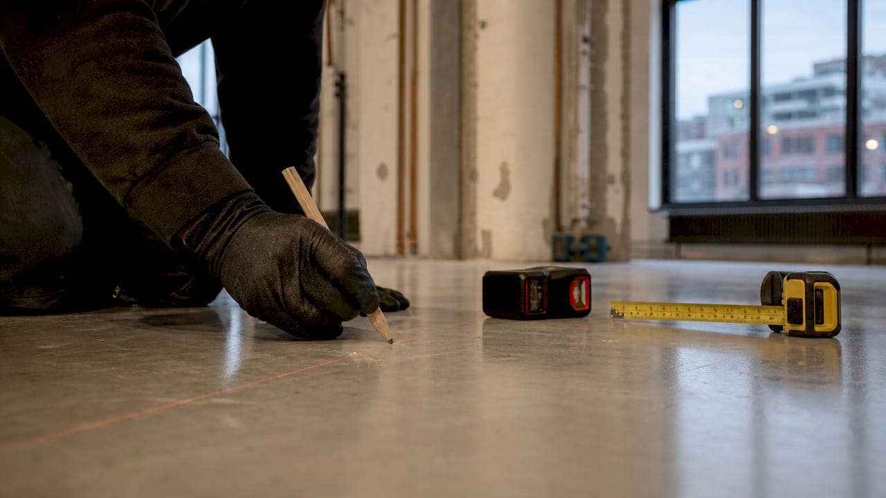 Hands marking stud locations on floor