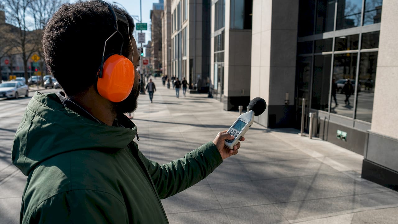 Technician measuring commercial noise outdoors