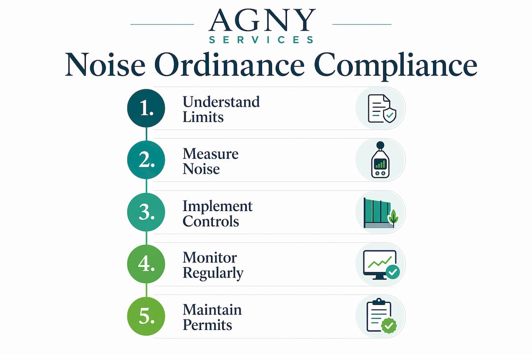 Infographic illustrating noise ordinance compliance steps