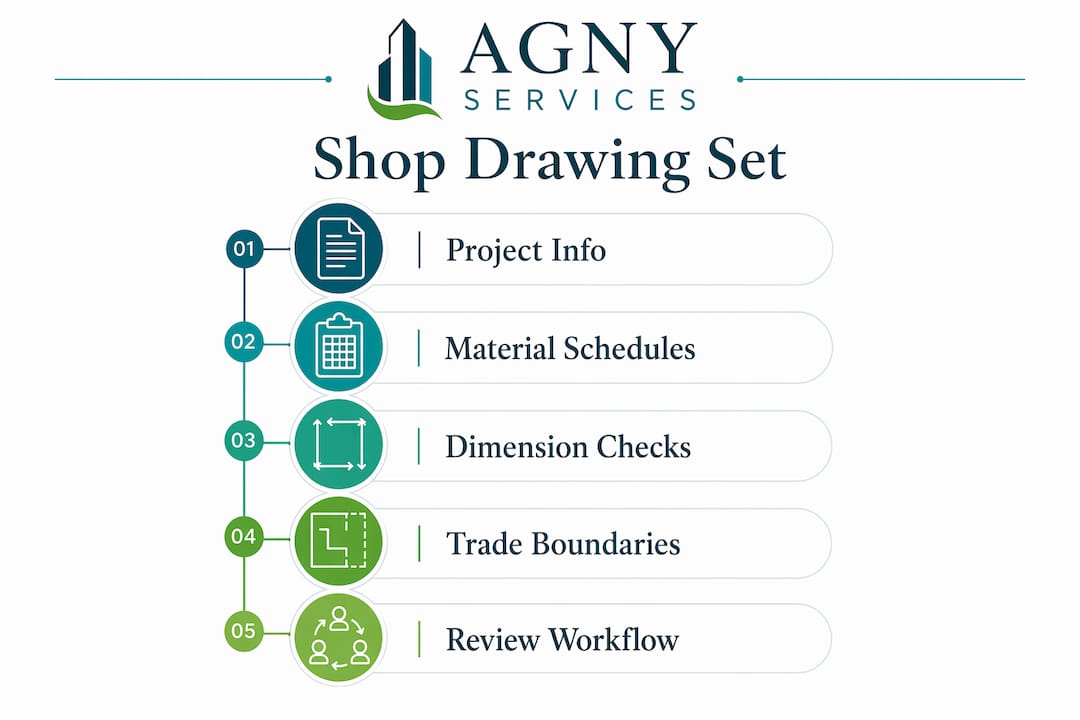Infographic illustrating key components of shop drawing sets