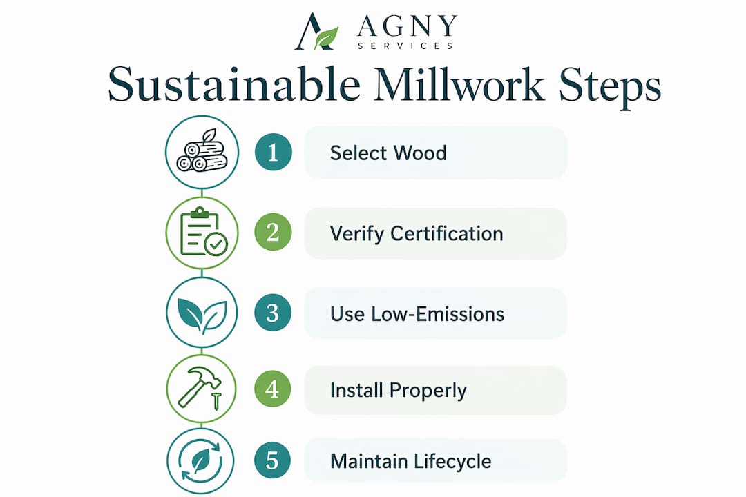 Infographic illustrating sustainable millwork process steps