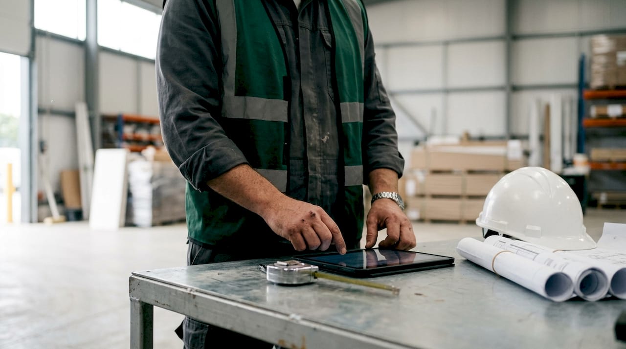 Builder coordinating materials on construction site