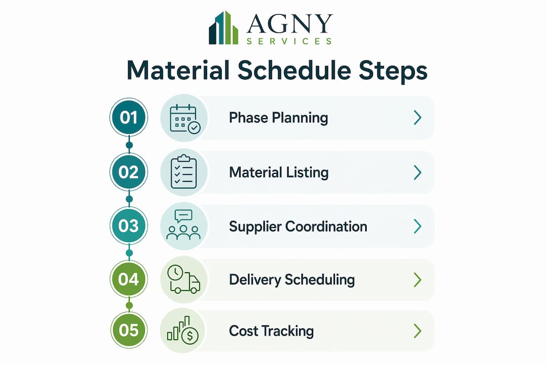 Infographic illustrating material schedule creation steps