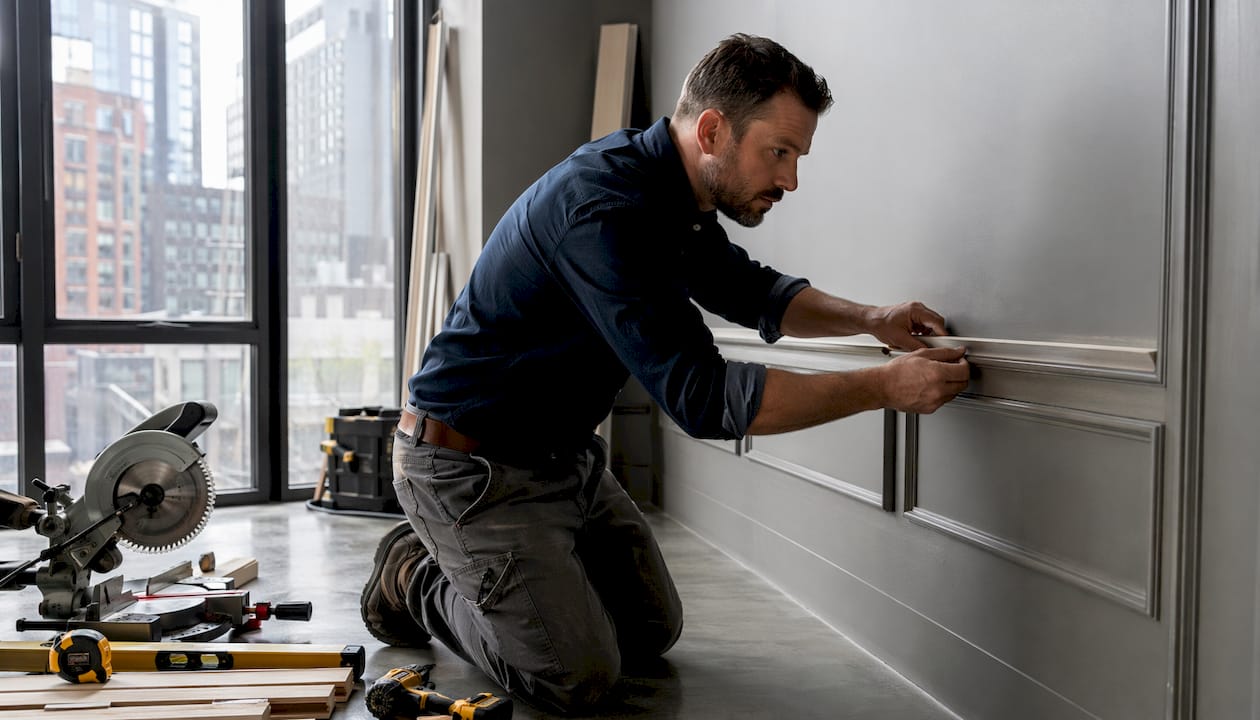 Hands installing architectural wood molding indoors