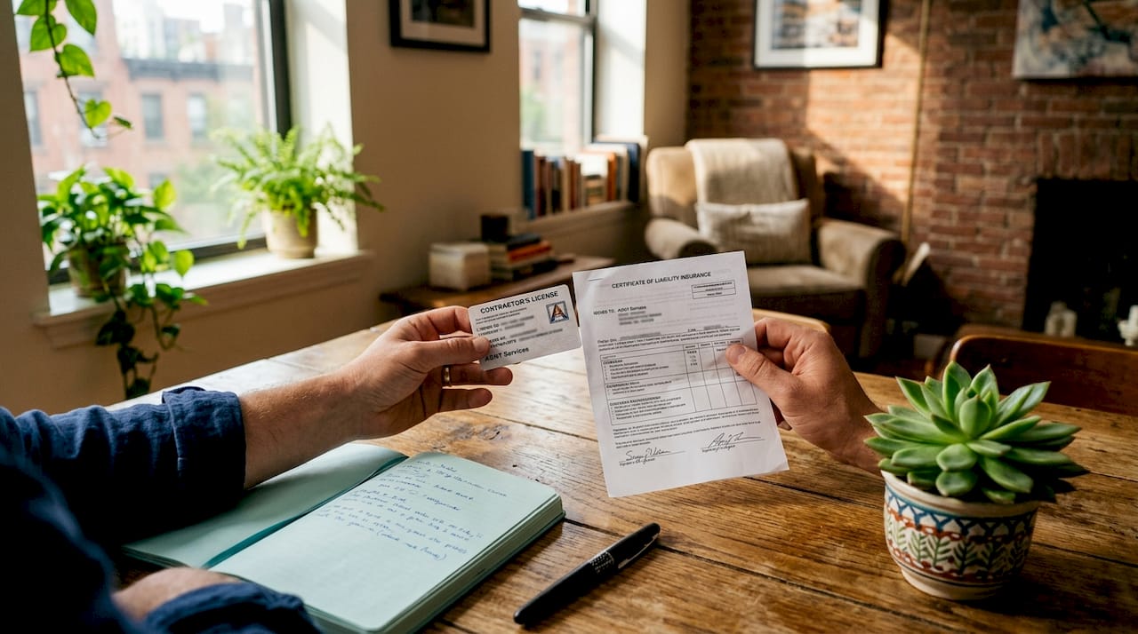 Hands holding contractor license and insurance documents