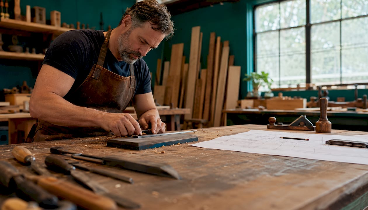 Craftsman sharpening woodworking tools in workshop