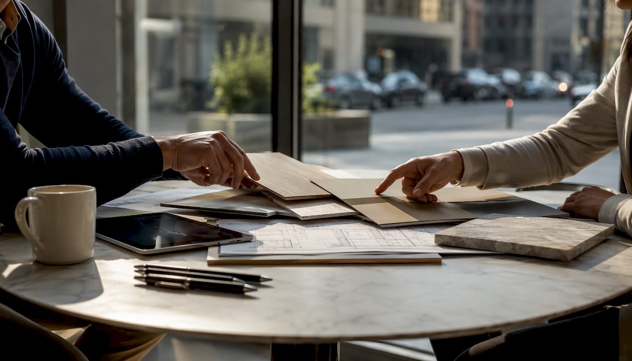 Overhead view of hands selecting millwork materials