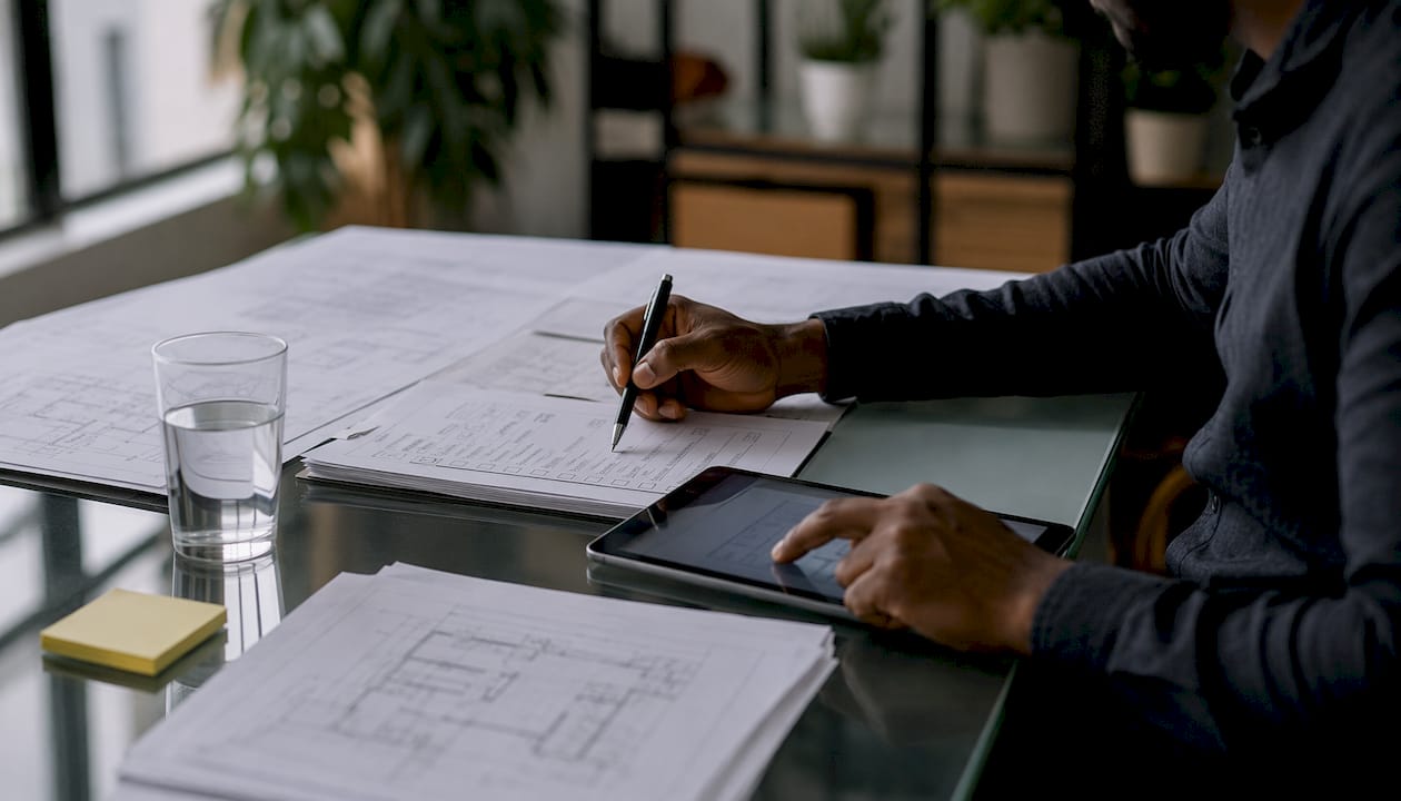 Hands coordinating punch list tasks with blueprints and tablet