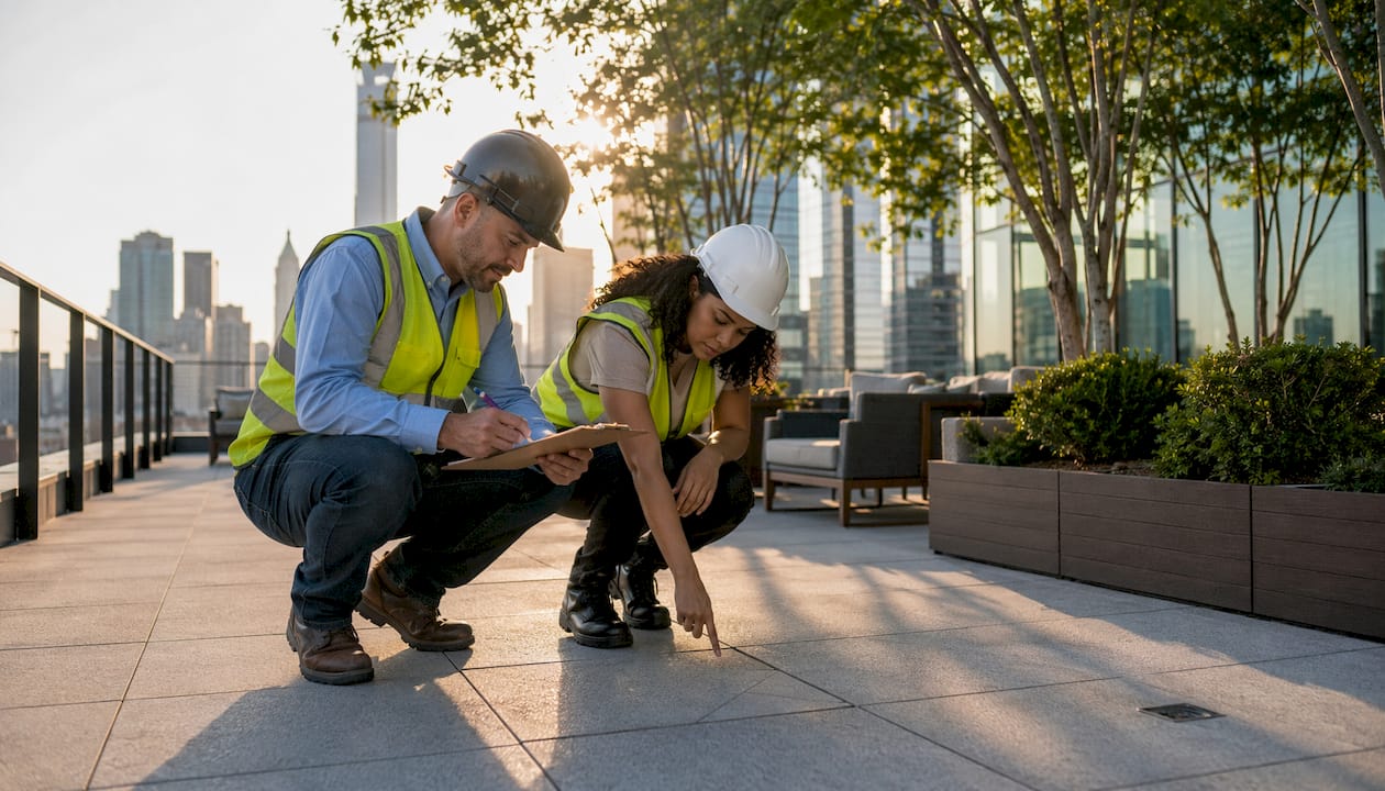 Two professionals conducting punch list walkthrough in office