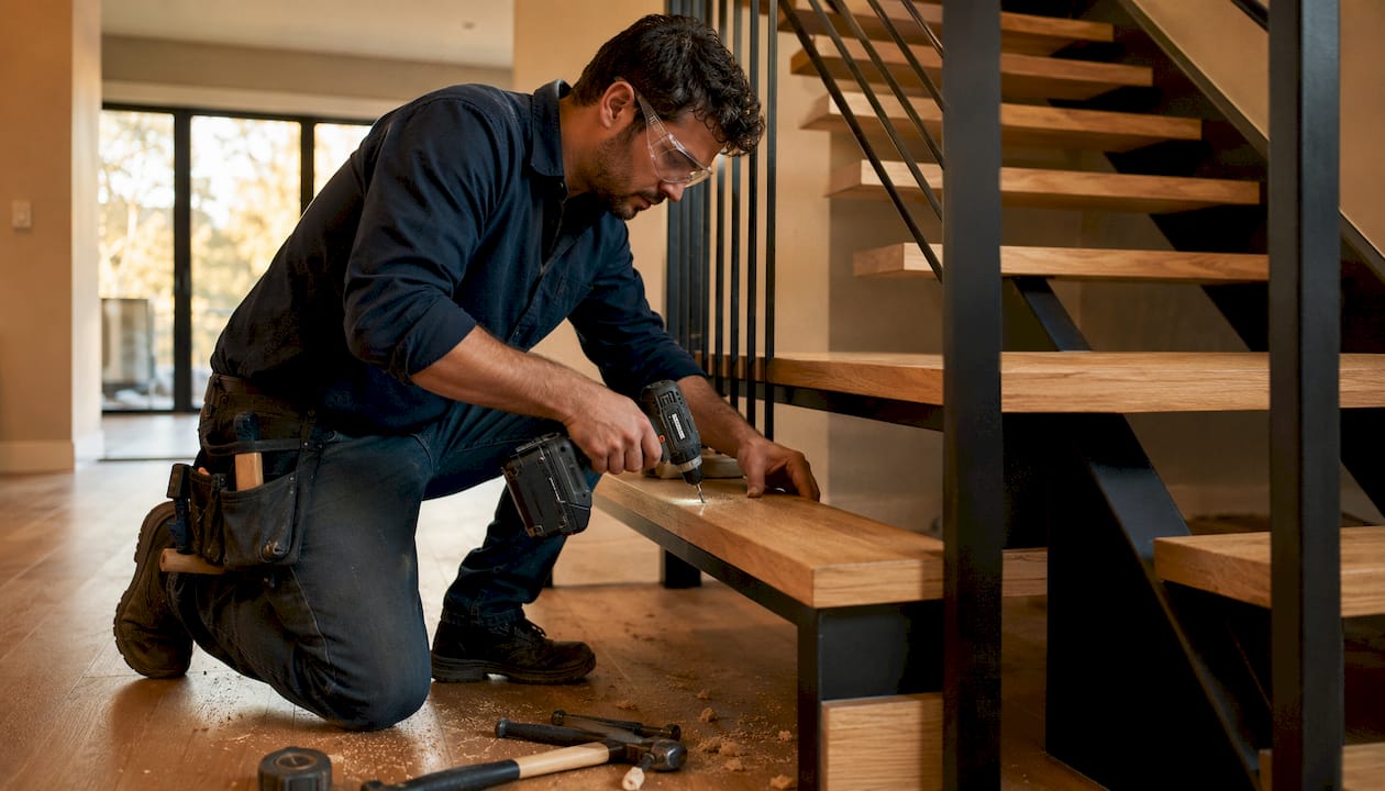 Carpenter installing modern stair millwork