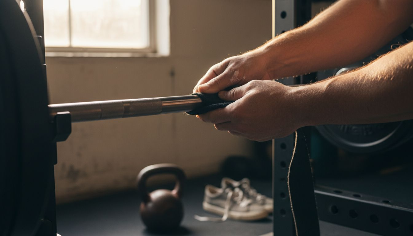 Hands wrapping straps around barbell close-up