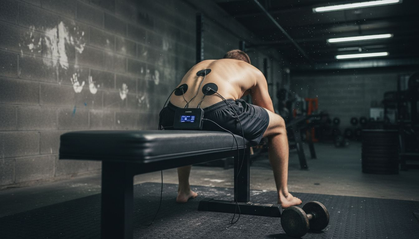 EMS device stimulates glute muscle on gym bench