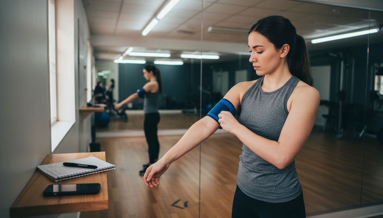 Woman adjusting BFR cuff on upper arm