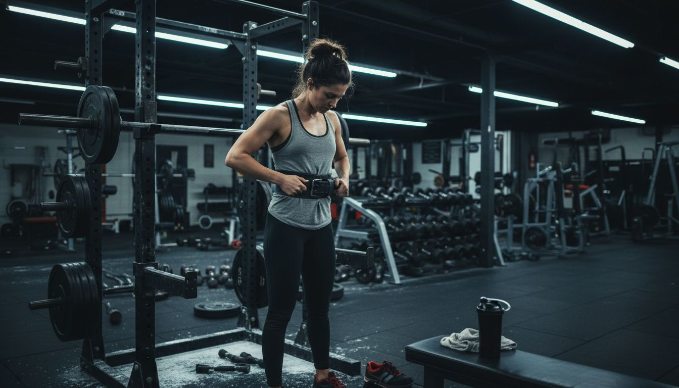 Lifter adjusting belt in dimly lit gym