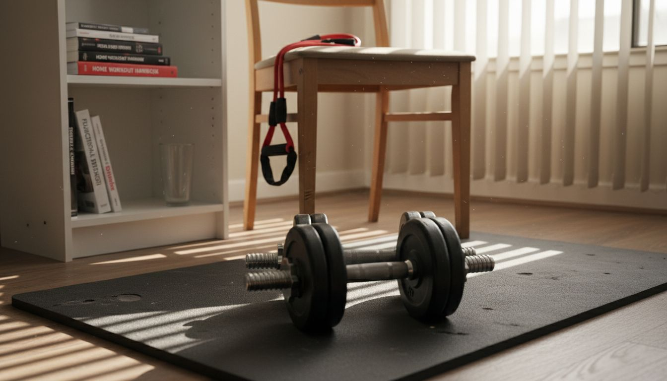 Home setting with dumbbells and resistance band