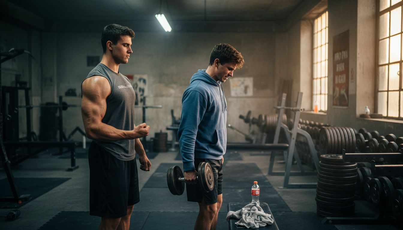 Muscle comparison in gym with strength focus